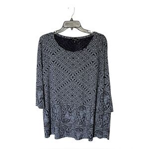Lucky Brand Blue Print Cotton-Blend Knit Top Shirt With 3/4 Sleeves Size 2X
